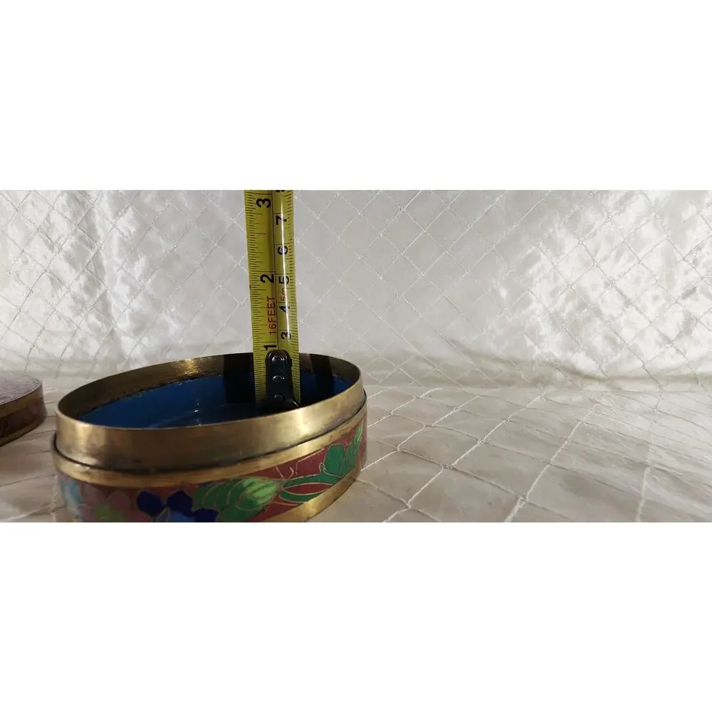 Vintage Chinese Cloisonne Enamel Brass Round Trinket Jewelry Box Floral 3